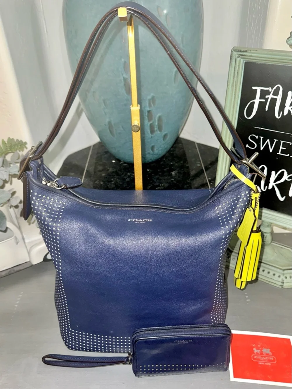 COACH Legacy 2012 Perforated
Leather Duffle Navy / Citrine #22762 & Wallet - GUC - Picture 4 of 16